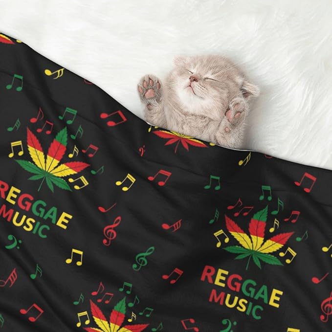 Double Sided Plush Pet Blanket for Small Large Animals, Rasta Reggae Music Note Weedleaf Leaf, Reversible Throw with Dimpled Dot Side and Flat Side for Kennels Living Rooms