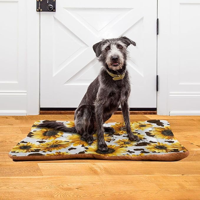 Retro Sunflower Dog Bed Mat Brown Leopard Pet Kennel Beds Washable Cat Beds Crate Pad Pets Sleeping Mattress for Large Medium Small Dogs 24 x18 Inch