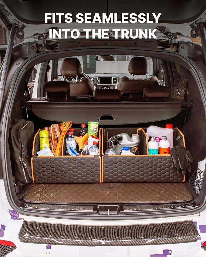 Owleys Sedan Trunk Organizer 17.7" Storage Tote For Groceries, Tools & Travel Gear - Foldable Eco-Leather Car Crate With Magnetic Lid | Stylish Presents For Drivers | Black-Brown (Hexy 17)