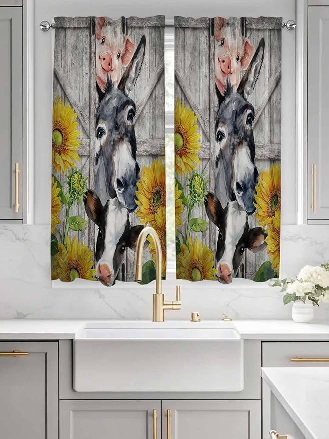 Farmhouse Living Room Curtains 72 Inches length, Vintage Sunflowers Animals