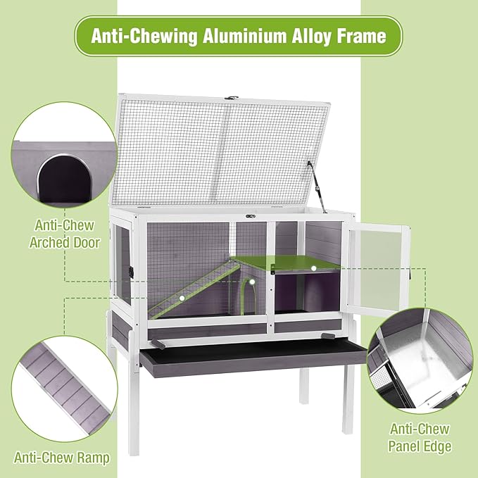 Indoor Rabbit Hutch Guinea Pig Cages 2-Story Wooden Small Animal Cage Bunny House with Chew-Proof Aluminum Alloy Frame, Pull-Out Tray, Leakproof PVC Layer, Detachable Legs (Grey)
