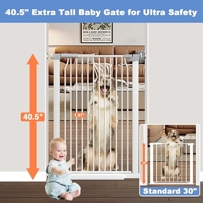 72.2"-76.7" Extra Wide Baby Gate, 40.5" Tall Dog Gate Indoor,Walk Through Pet Gates for Doorways Kitchen No Drilling Auto Close Pressure Mounted Safety Child Toddler Gate, White