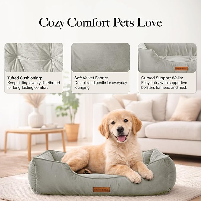 Modern Threads Luxury Dog Bed - Comfortable Tufted Velvet Cushion for Small to Large Dogs - Machine Washable - Durable & Cute Sleep Space for Pets - Pamper Your Pet with Cozy Beds - Light Grey