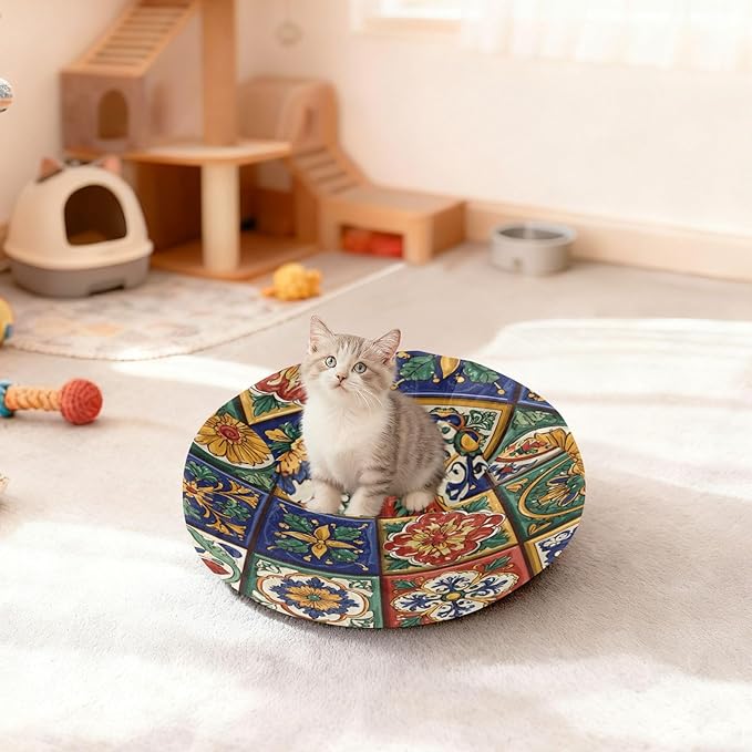 Round Cat Bed Dog Bed,13in Mexican Tile Patterns Washable Non-Slip Bottom Soft Pet Bed for Small Medium Dogs and Cats