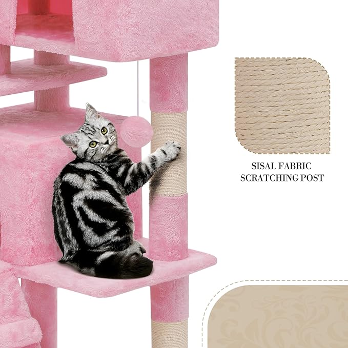 Athena Collection Cat Tree - 62" Multi-Level Cat Climbing Tower with 2 Cat Condo & Scratching Post
