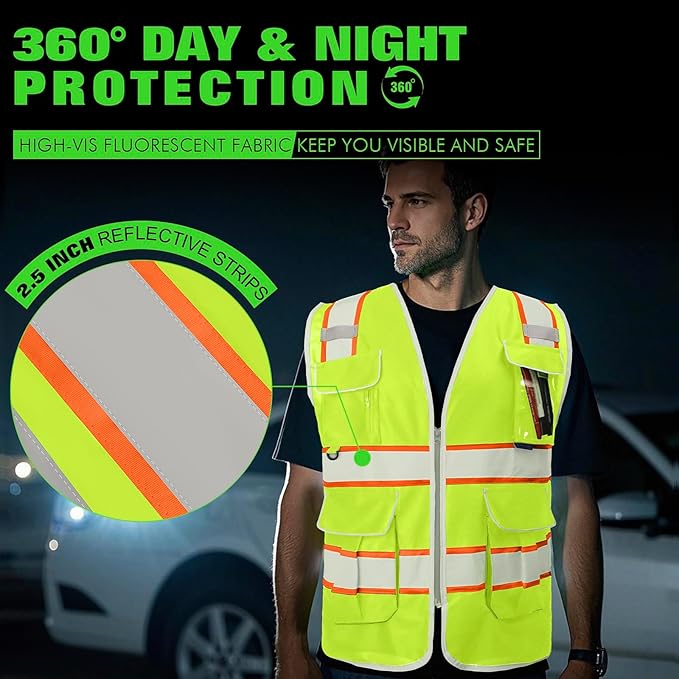 BeautyWill 5Pack Custom Logo Safety Vest 8 Pockets Class2 ANSI Certified High Visibility Reflective Vest for Men - Personalized Logo Heavy-Duty Work Vest（Yellow，3XL）