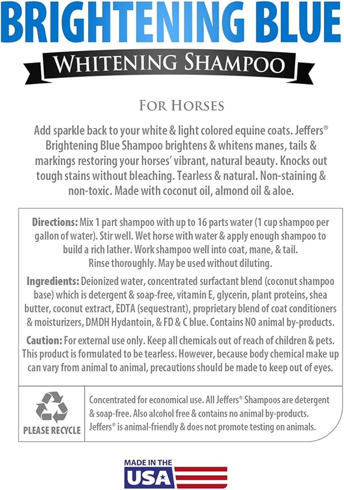 Jeffers Equine Brightening Blue Shampoo for Horses, 32 oz – Enhanced Whitening & Stain Remover, Coconut Oil, Aloe, Gentle Grooming, Detergent - Free, Enhances Coat Shine, Mane & Tail Care