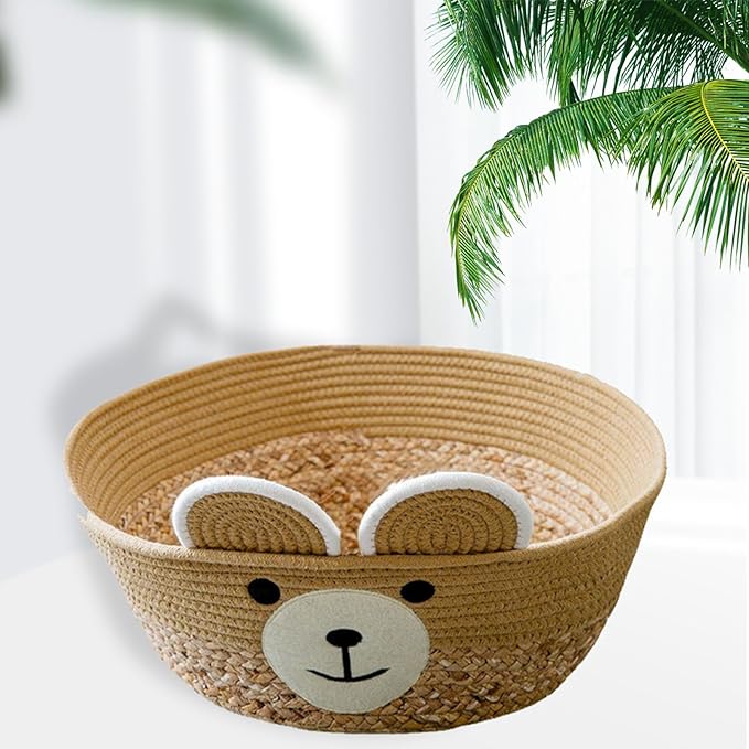 Pet Bed Woven Basket with Detachable Cushion Cartoon Bear Theme Basket Bed Dog Detachable Cushion Nest Pet Furniture
