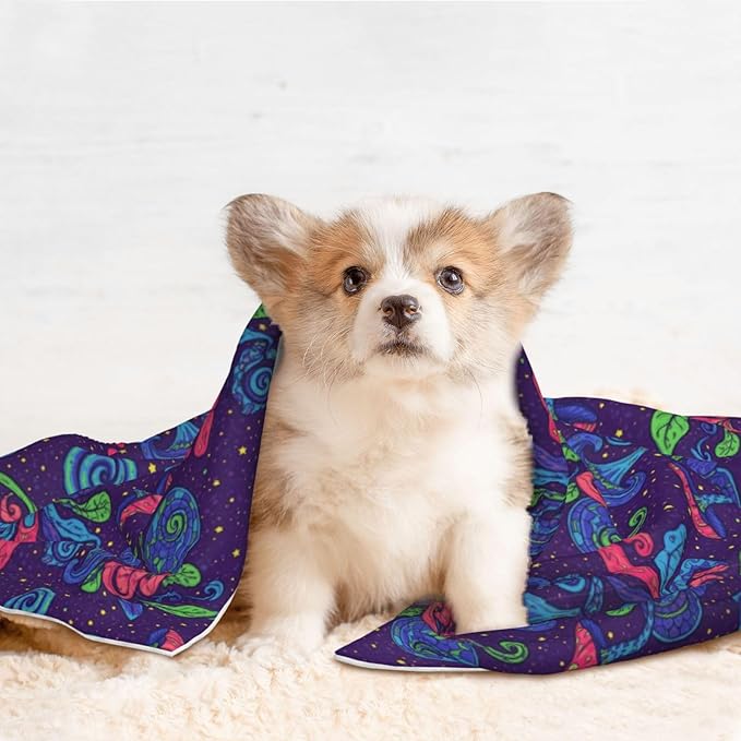 Pet Blanket for Travel and Home, Colorful Doodle Surreal Landscape Fantastic Mushroom, Reversible Plush Dot Design with Soft Grip Texture on One Side Perfect for Car Seats Moving Vehicles