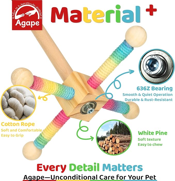 Agape Bird Toy, Parrot 360° Interactive Rotating Perch, Bird Cage Accessories for Small and Medium Parrots to Expend Energy, Wooden Stand for Parakeets Cockatiels Lovebirds Conures Finches Budgies