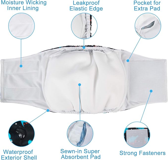 CuteBone Dog Diapers Male Washable Belly Band for Male Dogs Wraps Black 3pcs a Pack DM44S