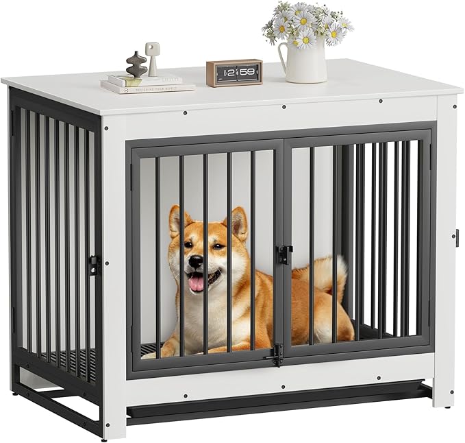 Dog Crate Furniture, 38 Inch Indoor Dog Kennel for Medium Dogs Up to 50 LBS, Heavy Duty Wooden Pet Cage End Table with 3 Doors, Alloy Steel Frame & Removable Tray