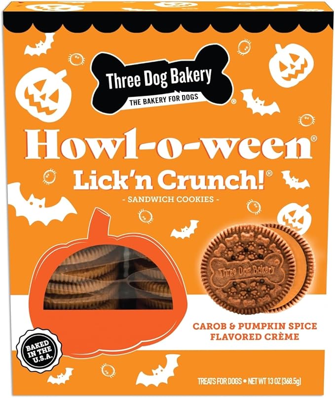 Three Bakery Howl-O-Ween Lick'n Crunch! Sandwich - Carob & Pumpkin Spice Flavored Treats, Puppy for Halloween, Training Treats, Holiday