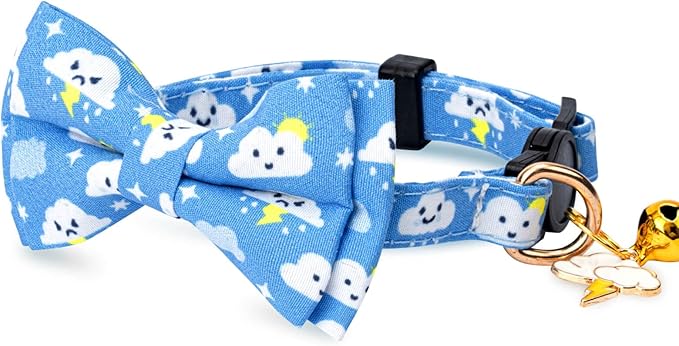 2 Pack Cotton Cat Collar with Bow Tie and Bell for Girl Boy Cats,Cute Pink Flamingo and Blue Whale Pattern Spring Summer Breakaway Cat Collar for Male Female Cats (Moon&Cloud)
