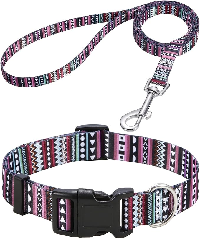 Dog Collar and Leash Set with Bohemia Floral Tribal Geometric Patterns - Soft Ethnic Style Collar Adjustable for Small Medium Large Dogs(Bohemian Purple Set,XS)