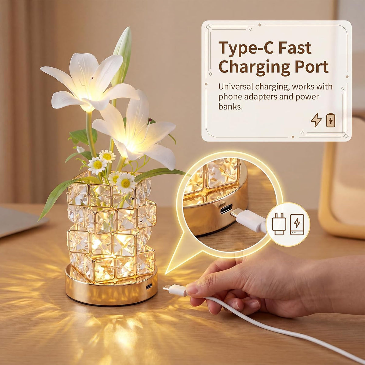 Lily Flower Touch Crystal Table Lamp Rechargeable Gifts for Women