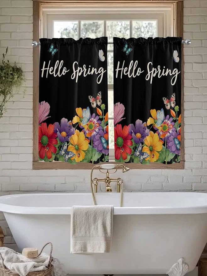 Spring Flowers Tier Curtains 45 Inches Long, Watercolor Country Colorful Floral