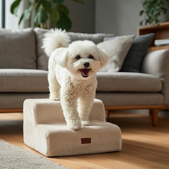 PETNOVO Ultra-Soft Rabbit Fur-Like Dog Stairs for Couch/Bed, Luxury Comfort 2-Step for Small & Senior Dogs, Non-Slip, Removable Washable Cover, OEKO-TEX Certified, 15.7"D x 15.7"Wx 11.8"H, Off White