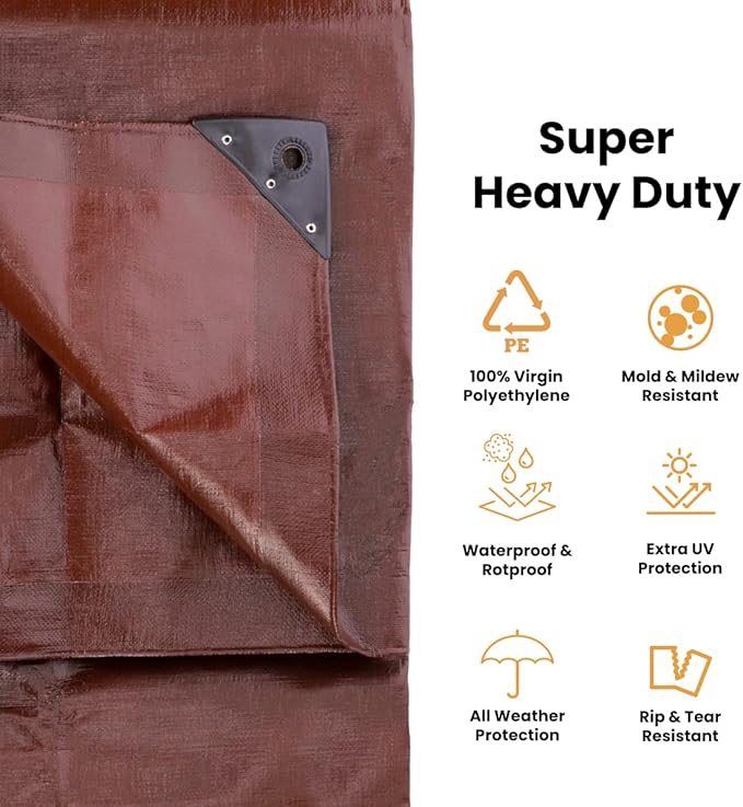 WHITEDUCK Super Heavy Duty Poly Tarp Cover 16 Mil & 10 Mil with Grommets and Reinforced Edges (Brown, White & Silver Black) (Brown- 16 Mil, 50' x 100')