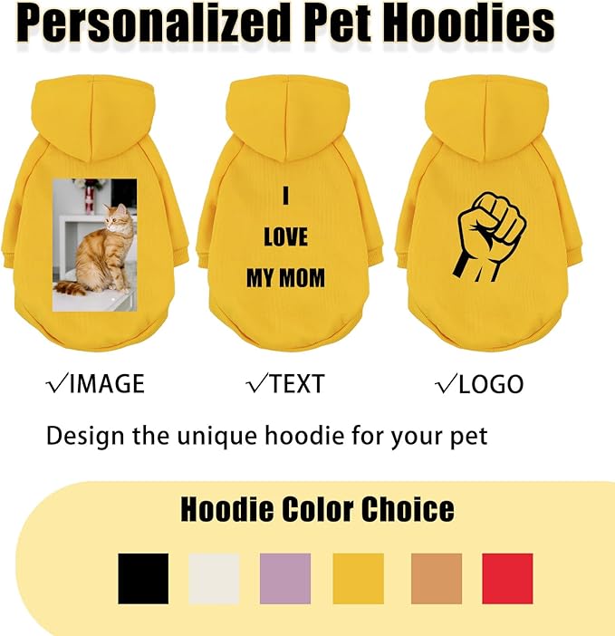 Custom Dog Hoodie, Personalized Sweatshirt with Photo Text Name Logo, Customized Hooded Sweater for Small Medium Large Dogs & Cats (Yellow, X-Large)