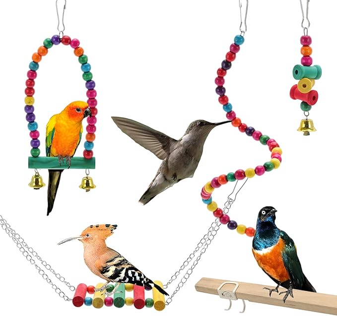 Cockatiel Toys, Bird Parrot Swing, Chewing Toy Set, Pet Birds Toys for Parakeet Conures Finches, 15 Pcs Multifunctional Hanging Bell Climbing Ladders
