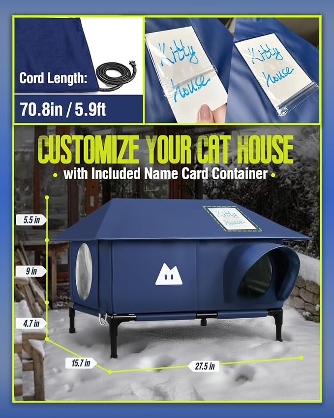 Heated Cat House for Outside Cats Winter, Large Hip Roof 100% Waterproof Outdoor Cat House, Elevated Base, Weatherproof Insulated Shelter for Stray Feral Barn Cat (Dark Blue, 28" Lx16 Wx14 H)