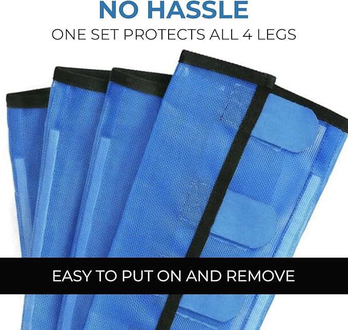 Mesh Horse Fly Boots Set of 4，Adjustable and Universal Loose Fitting & Non-Slip Horse Fly Leggings for Horses,Reduce Stressful Stomping (Blue)