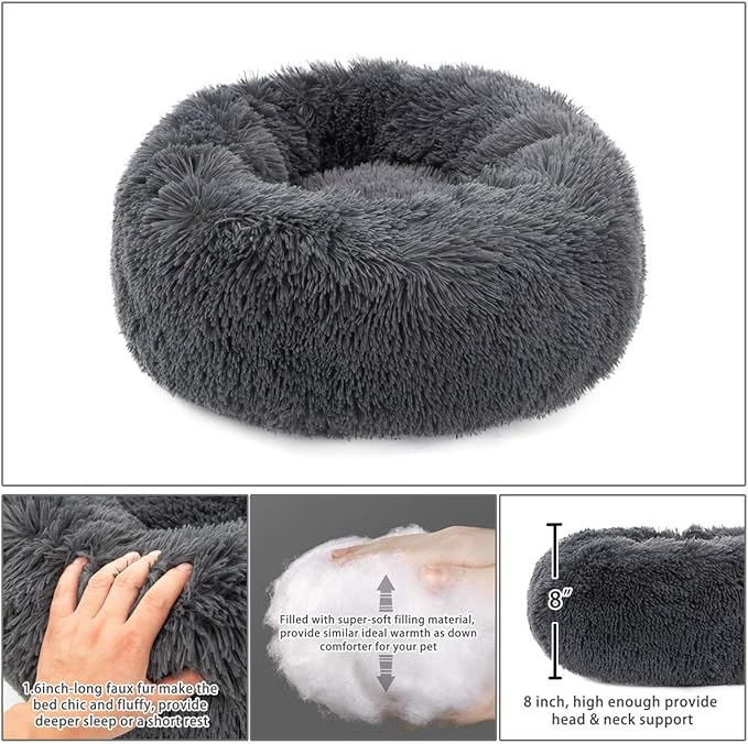 Donut Bed Medium Size Dog, Calming Soft Round Cuddler Dog Beds Fluffy Plush Faux Fur Pet Beds (24", Dark Grey)