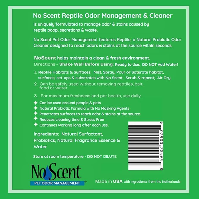 No Scent Reptile Tank Cleaner Spray & Pet Odor Management for Bearded Dragon, Turtle, Lizard Terrarium Freshener (8 Fl Oz / 237 mL)