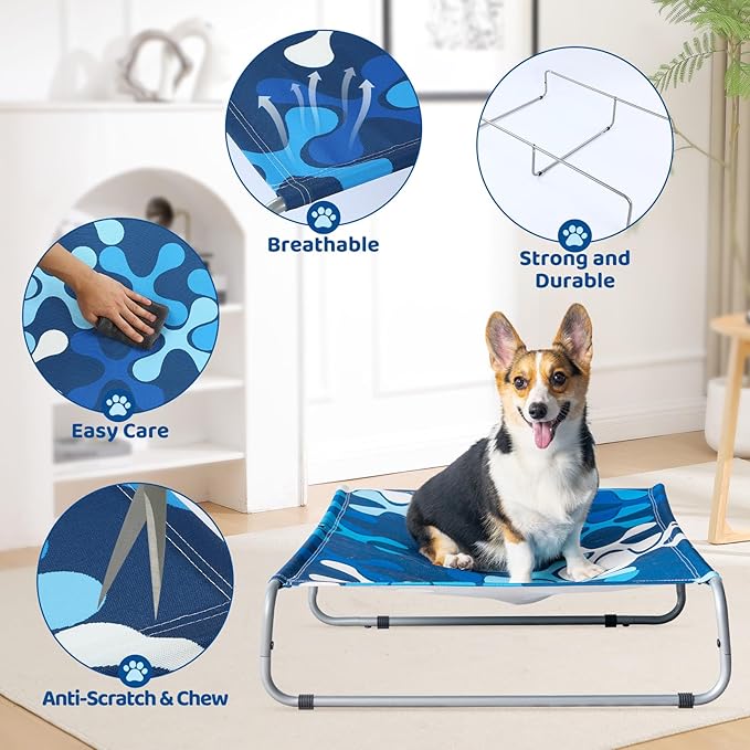 Elevated Dog Bed for Medium/Large Dogs 85lb,Cooling Raised Washable Dog Cot,Metal Frame, No-Slip Feet, Polyester Cotton,Indoor/Outdoor Pet Bed,43 * 26 * 7in, Clover Ocean Blue