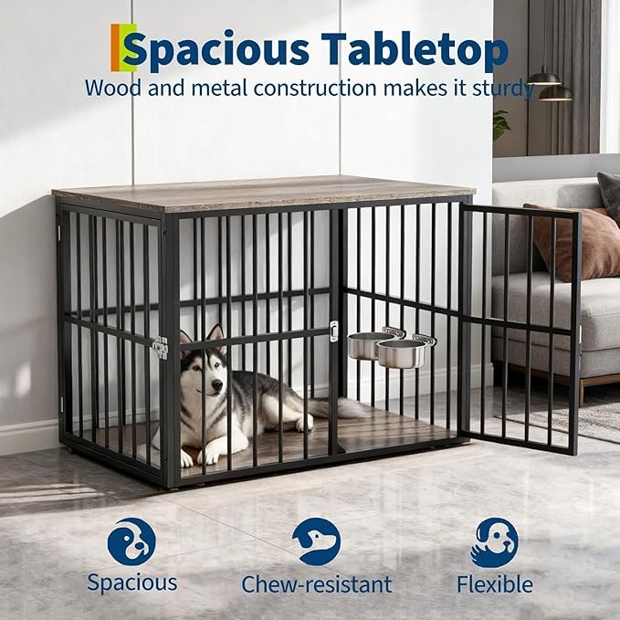 43 Inch Wooden Indoor Dog Crate Side Table, Furniture-Style Dog Kennel with Double Door Entry and Adjustable Built-in Food Bowls, Heavy-Duty Decorative Pet Cage for Medium and Large Dogs