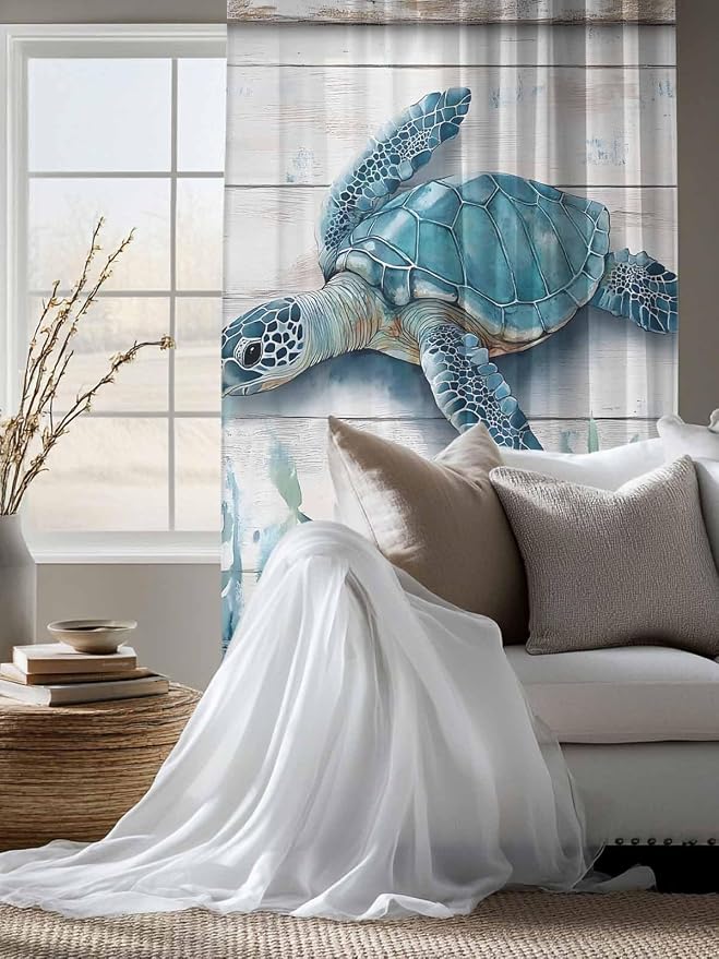 Sheer Curtains 63 Inch Length, Teal Green Sea Turtle Semi Sheer Curtains Light