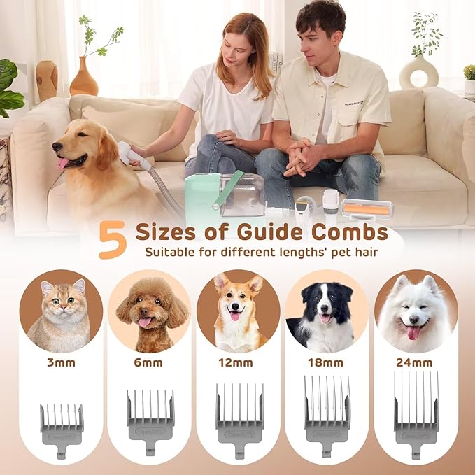 Dog Grooming Vacuum Kit - 3L Vacuum with 7 Tools, Low Noise Electric Clipper and Brush for Pet Shedding at Home, Green