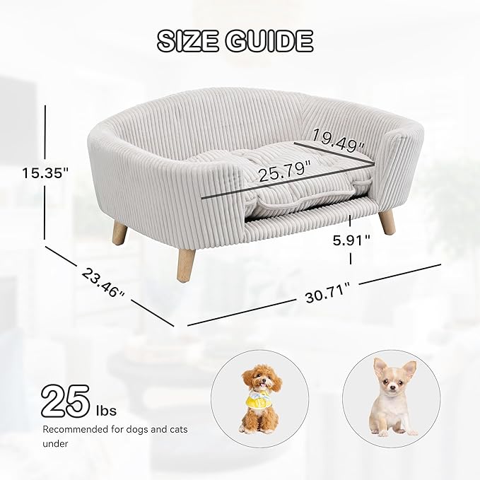 Dog Sofa Couch Bed for Small Dogs, Durable Corduroy Rectangle Pet Sofa with Soft Cushion, Modern Elegant Elevated Mini Dog Couch Bed with Backrest and Armrests, Beige