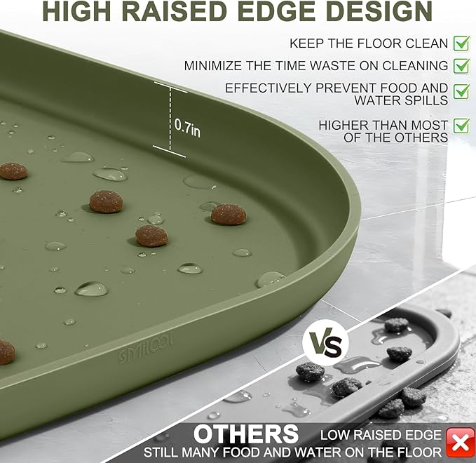 Small Silicone Pet Food Mat with Raised Edge for Food and Water Bowl, Square Dog Feeding Mats, Cat Food Trays for Floor Waterproof, Rubber Tray for Dogs and Cats, 12 x 12 x 0.7 Light Olive Green