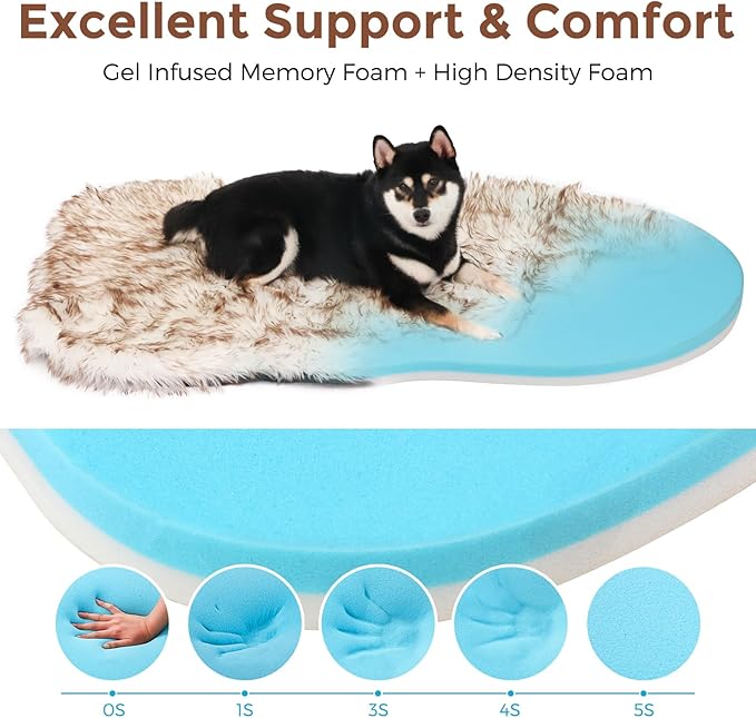 50 Inch Faux Fur Dog Bed for Large/Medium Dogs Orthopedic Beds with Fluffy Faux Fur & Soft Memory Foam for Joint Pain Relief, Machine Washable and Waterproof Dog Couch Beds White with Brown