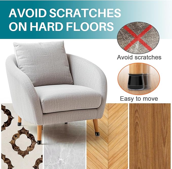 24 Pcs Chair Leg Floor Protectors Round, Silicone Felt Furniture Leg Pads Caps Covers for Hardwood Floors (Fit 1-5/16" to 2")