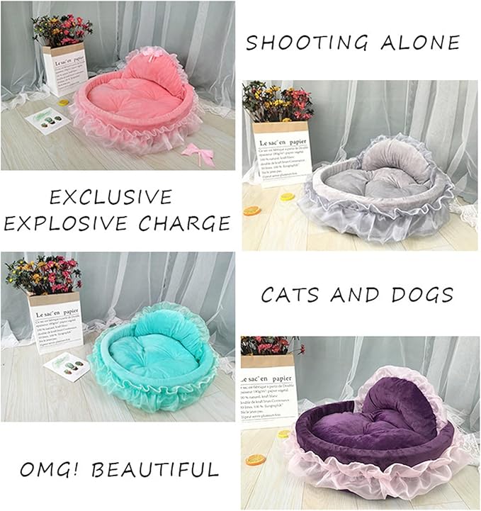 Princess Pet Bed with Bows Ruffled, Lace Design Soft and Beautiful Dog Sofa Detachable Cushion Princess Nest, Indoor Cave, Bottom, Removable Plush Cover