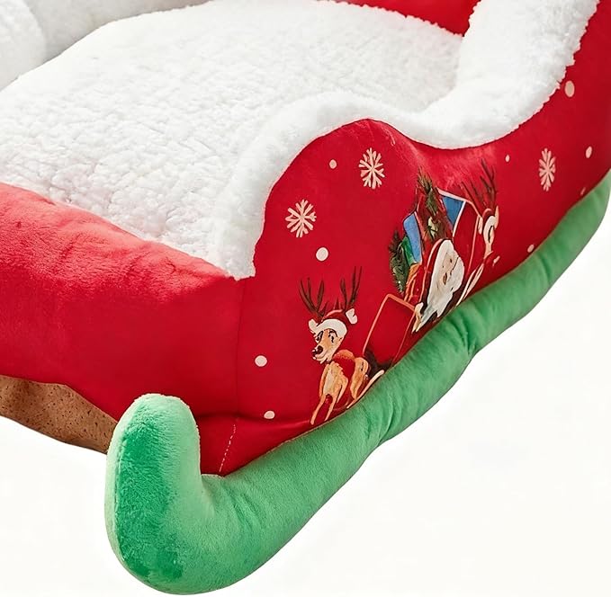 Christmas Dog - Bed Plush Sleigh Pet Bed with Anti-Slip Bottom for Cozy Comfort, Indoor Outdoor Puppy Cushion for Bedroom Living Room Home Winter Balcony Gathering Holiday Pet Furniture Accessories