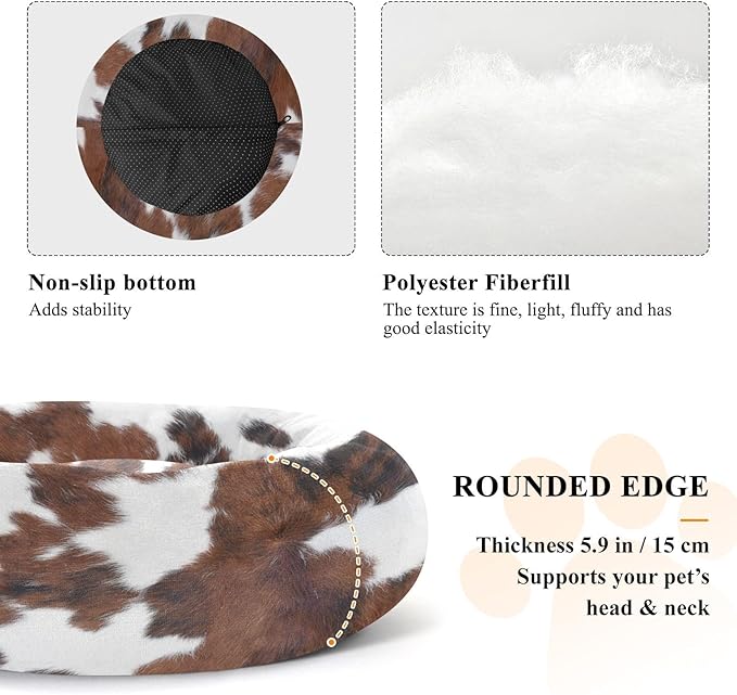 Round Cat Bed Dog Bed,15.7in Cow Print Washable Non-Slip Bottom Soft Pet Bed for Small Medium Dogs and Cats
