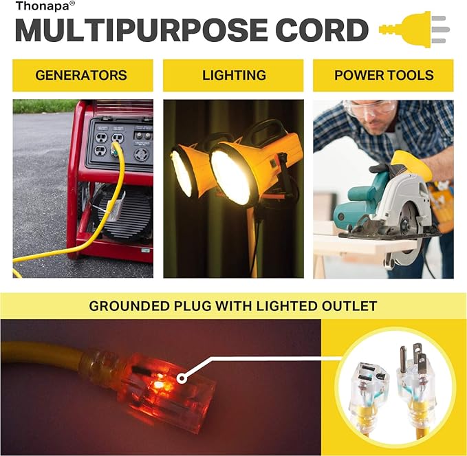 100 Foot Outdoor Extension Cord - 12/3 Heavy Duty Yellow Extension Cable with 3 Prong Grounded Plug for Safety - Great for Garden and Major Appliances