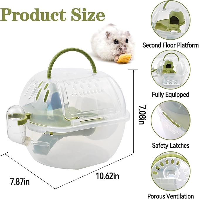Dwarf Hamster Travel Carrier,Portable Hamsterl Cage Carrier with Silent Exercise Wheels Water Bottle Food Dish 2 Tiers Small Animal Breathable Carry Case for Mice Rat Sugar Glider(Green)