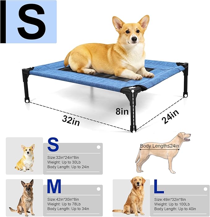 Raised Dog Bed Cooling Cot for Indoor Outdoor Use Portable Waterproof Mesh Pet Bed Washable for Large Medium Small Dogs, Blue