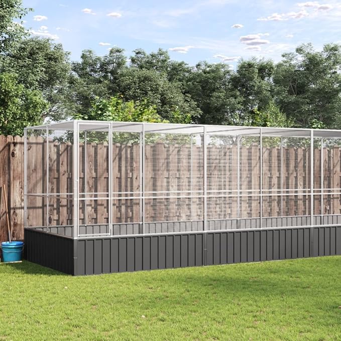 Large Metal Heavy Duty Walk-in Aviary Cage with Extension, Ample Activity Space Bird Cage with Lockable Door Also for Chickens and Rabbits, Silver 409.1"x81.5"x83.5" Steel,-522