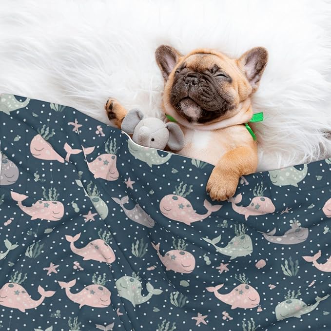 Reversible Dog Blanket for Beds Couches, Cute Whales Mandala Blue, Double Sided Cat Blanket with Textured Dot Feel and Smooth Feel for Seasonal Comfort All Year