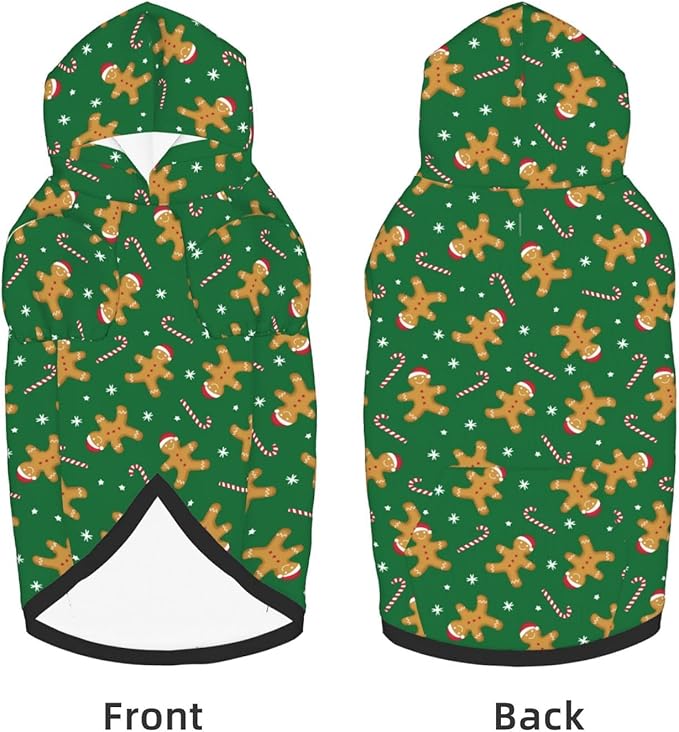 Green Christmas Gingerbread Men Candies Hoodie,Christmas Cosplay Dog Clothes with Pocket and Hat Winter Clothes Sweaters Small