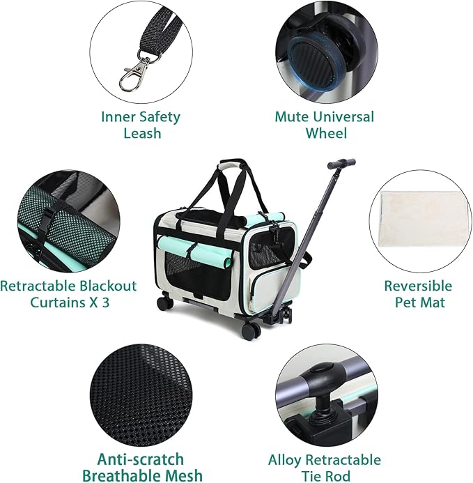 Expandable Pet Carrier with Wheels for Small Dogs and Cats,Airline Approved Rolling Cat Carrier with Removable Platform,18"X11"X14",Foldable Soft-Sided Travel Bag Fits Under Seat,Up to 16 lbs(Green)