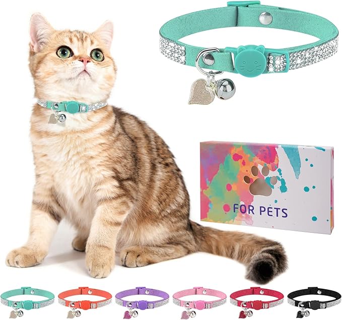Rhinestone Cat Collar Breakaway with Bell, Diamond Cat Collar with Safety Buckle Quick Release for Girl Boy Small Kitten Pets Puppy,Cute Soft Female Male Cat Collars, Color Green 8-12"