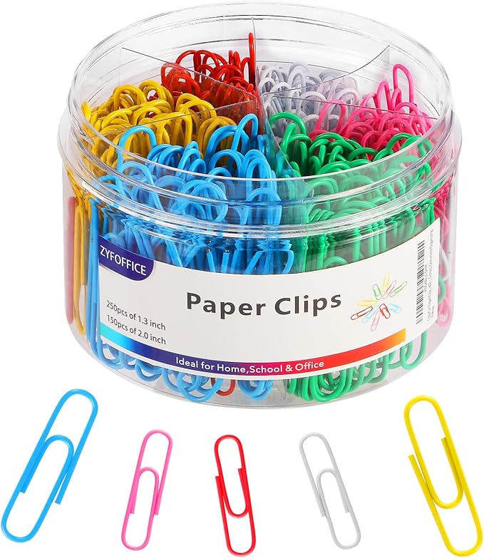 Multicolor Jumbo Paper Clips, 1.3 Inch (33mm) & 2 Inch (50mm), 400-Pack for Office, School & Home Document Organizing (Colorful, 1.3 Inch and 2 Inch)