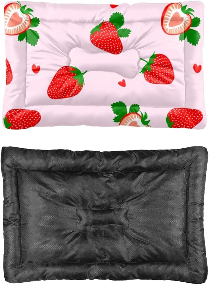 Cute Strawberry Fruit Pink Rectangle Dog Bed Dog Sleeping Mat Puppy Pad Bedding for Crate Washable Non-Slip Crate Bed Doggy Mat for Car Backseat Tapete para Perros Indoor Outdoor 24X18 Inch